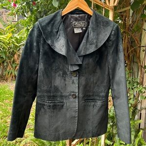 Vintage Terry Lewis Classic luxuries black suede leather ruffled collar blazer